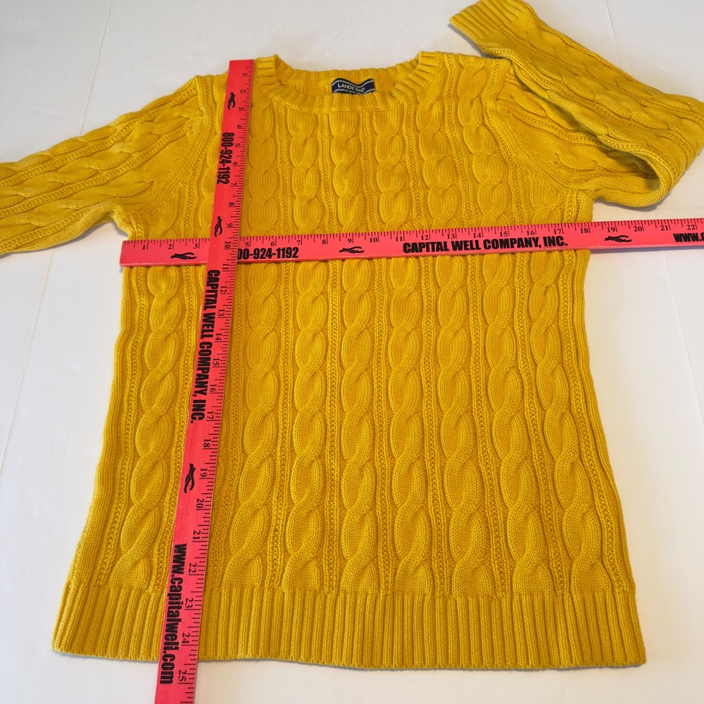 Lands End Drifter Cable Knit Sweater Womens Medium Tall Yellow 100% Cotton Crew - Picture 3 of 10